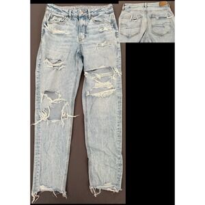 American Eagle Ripped Jeans Womens 6 Light Wash High Rise Straight Leg Raw Hem